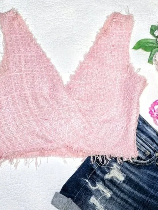 Zara Women's Crop Top Size Medium Pink Tweed V Neckline Sleeveless Festival Y2K - Picture 10 of 10